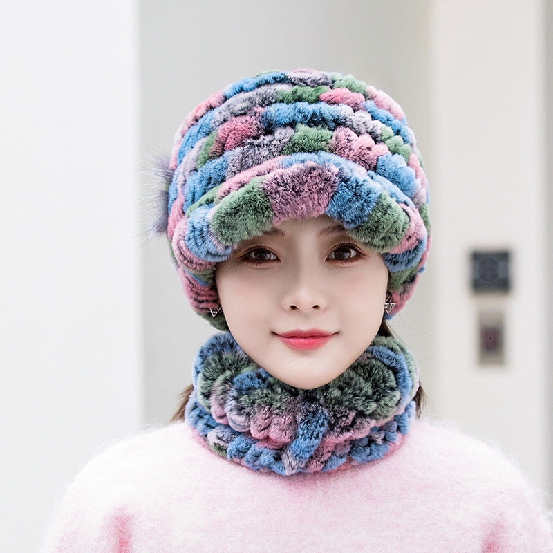 Winter Real Rabbit Fur Cap & Scarf Set - Mom Hat