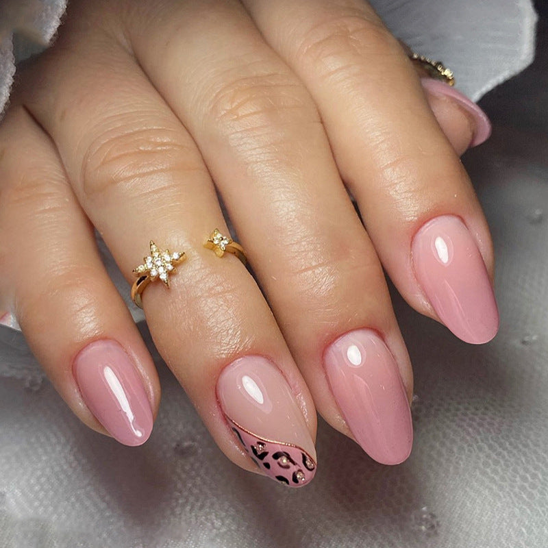 Tender Pink Gradual Change Sweet Girl Leopard Nails Round Head Fashion Fake Nails-homeunderwear