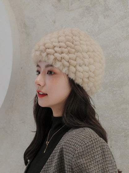 Warm Mink Fur Beret with Faux Flower - Winter Accessory