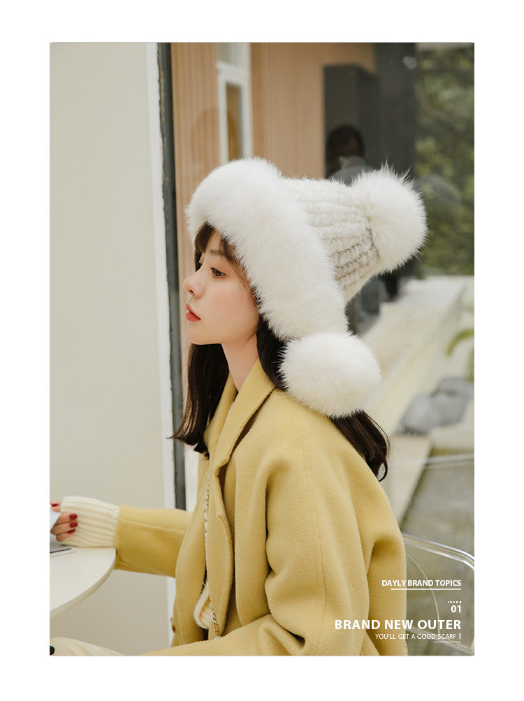 Cute Fox Fur Pom Pom Hat - Women's Winter Ear Flap Hat