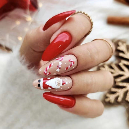 Long Oval Christmas Nail Tips with Winter Designs