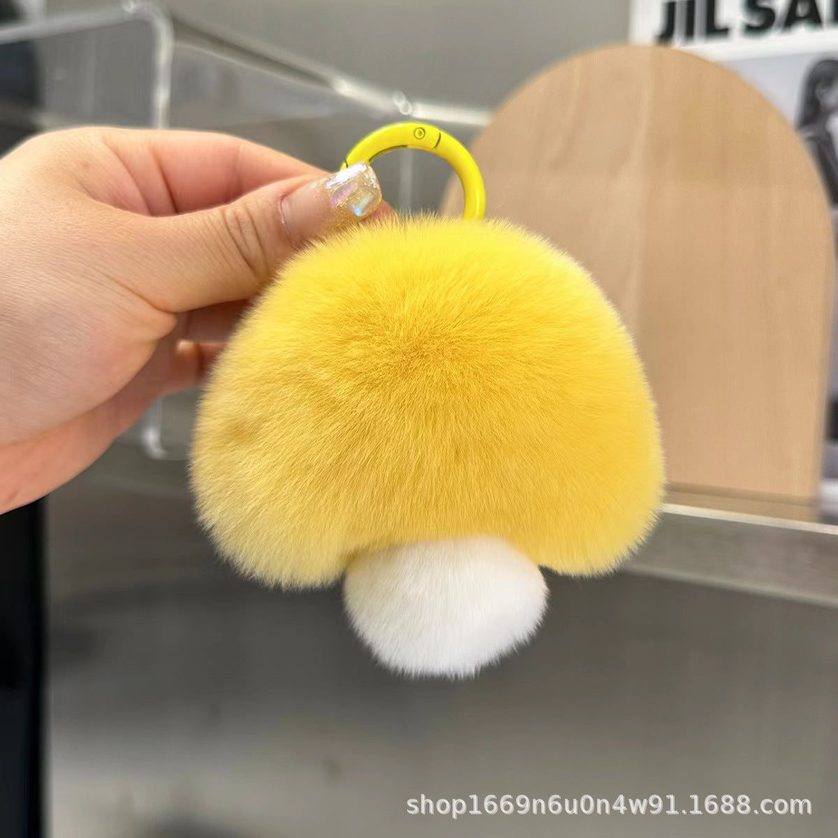 Cute Real Rabbit Fur Mushroom Keychain - Trendy Car Accessory