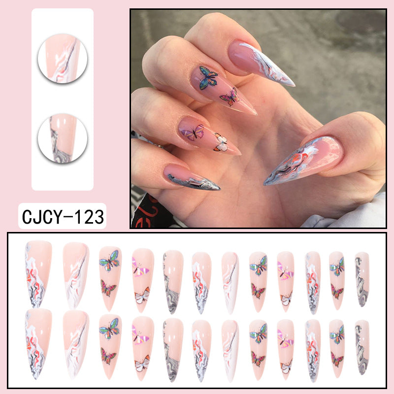 Long Pointed Nail Extensions with Butterfly Gradient Design