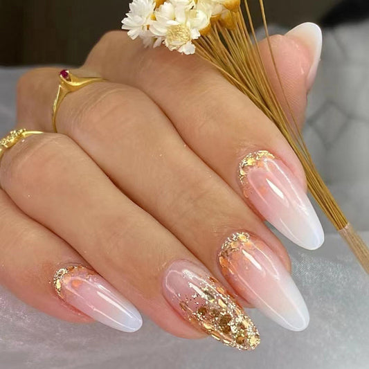 Simple Pure Desire Almond Nails Sparkling Gold Powder Gradient Euro Ins Style Fake Nails-homeunderwear