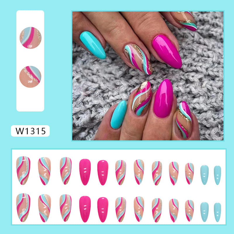 New Fashion  European Wavy Glitter Almond Nails Rose Water Blue Ombre-Homeunderwear