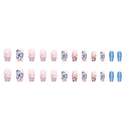 Cool Blue Flash Butterfly Short Ballet Nails for Ins Style