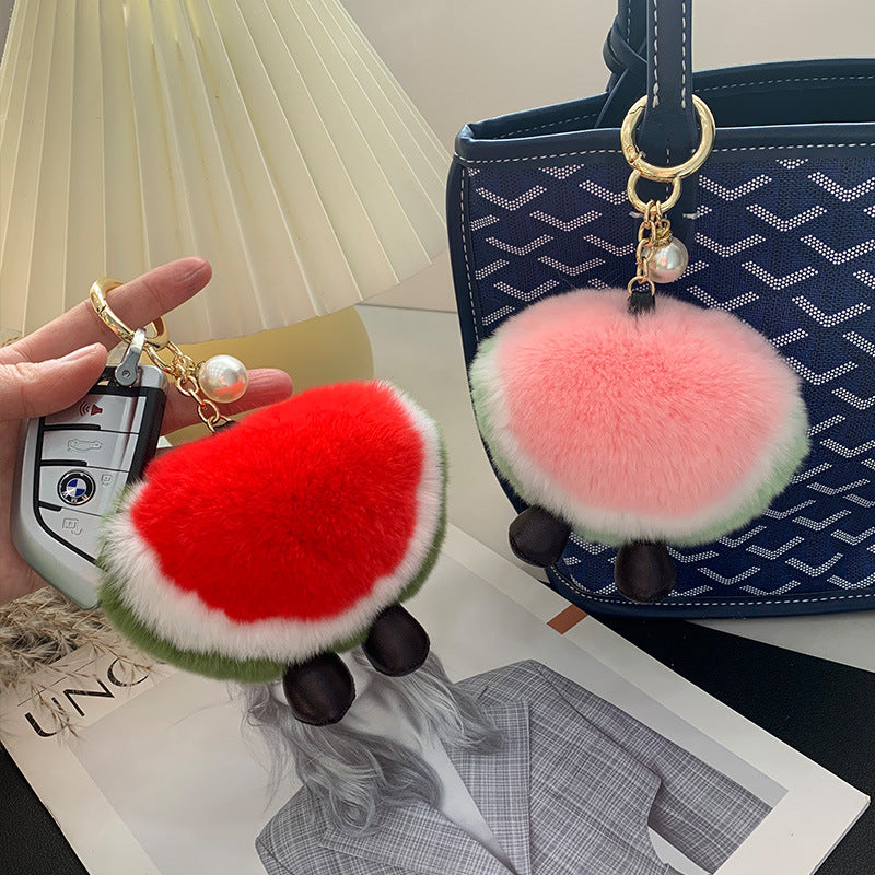 Cute Real Rabbit Fur Watermelon Charm Keychain & Phone Decor