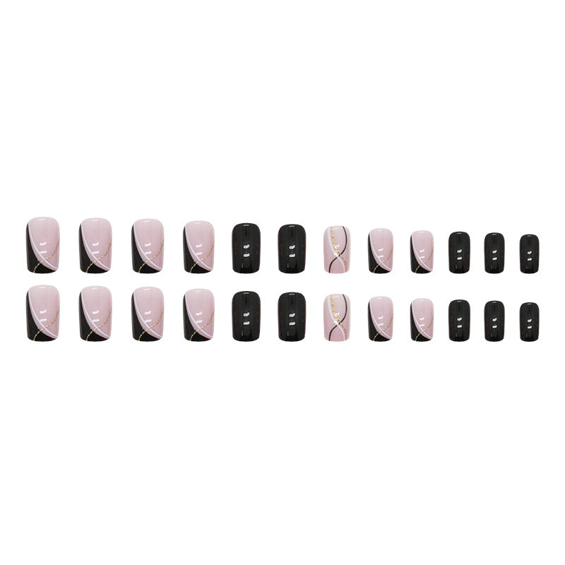 Mid-Length Euro Square Fake Nails Black White Ombre Classic Double Line French Nails-homeunderwear