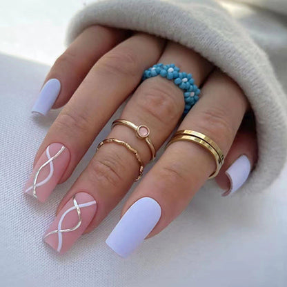 Square Mid-Length Pink Blue Gold Nails - Matte Finish, Wave Pattern