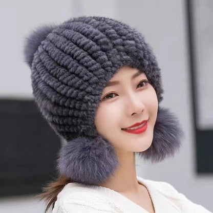 Winter Women's Mink Fur Ear Flap Hat with Fox Pom Pom