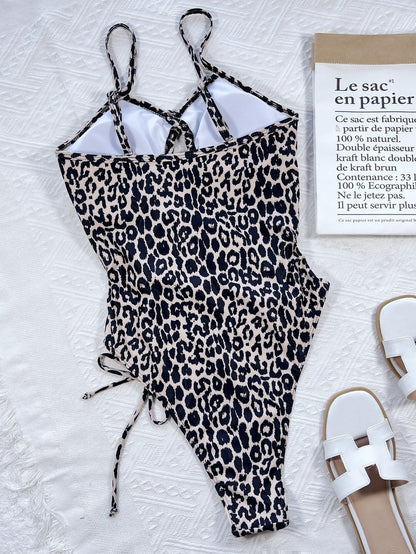 Leopard Cutout Drawstring One-Piece Swimsuit