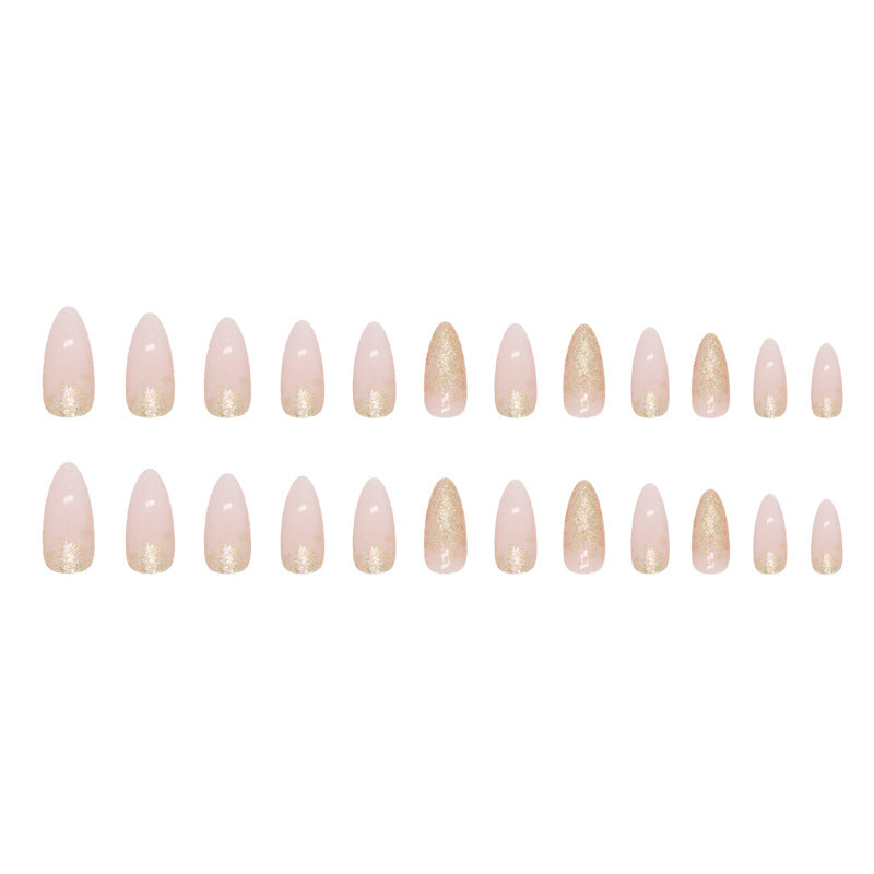 Simple Pure Desire Almond Nails Sparkling Gold Powder Gradient Euro Ins Style Fake Nails-homeunderwear