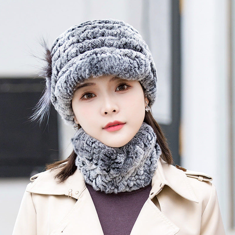 Winter Real Rabbit Fur Cap & Scarf Set - Mom Hat