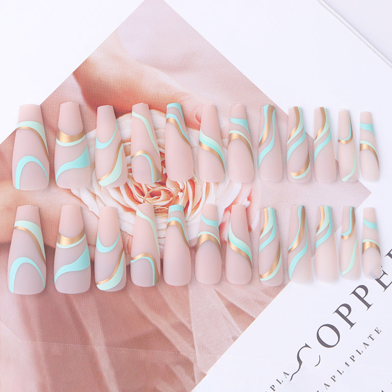 Long Gold Line Wave Nail Extensions, Matte Pop Style