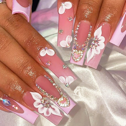 Long Water Pipe Nails with 3D Flowers and Full Diamond French Tips