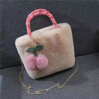 Cute Cherry Fuzzy Handbag Women's Winter Shoulder Tote