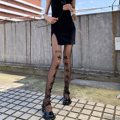 Sexy Long Bow Jk Big Grid Hollowed-out Pantyhose