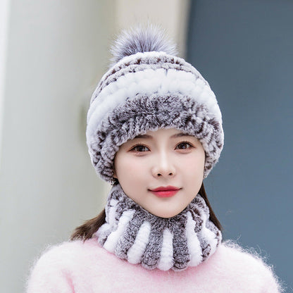 Warm Real Rabbit Fur Ear Flap Hat & Scarf Set