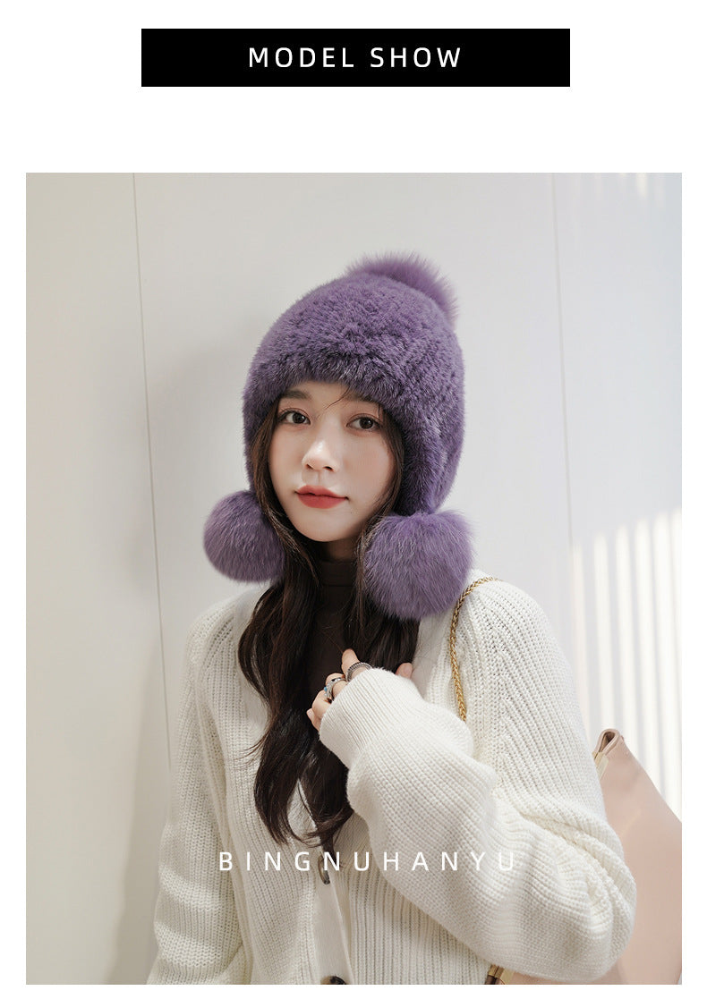 Warm Mink Fur Hat with Fox Fur Pom Pom - Winter Accessory