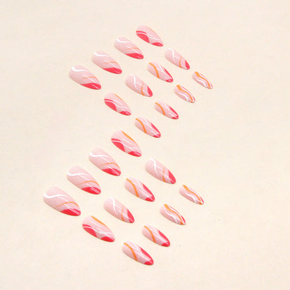 Almond Nails, Irregular Stripes Pink Wave Design