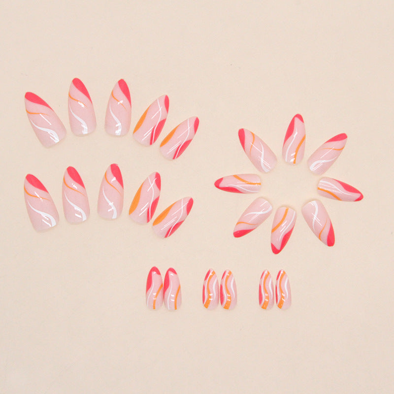 Almond Nails, Irregular Stripes Pink Wave Design