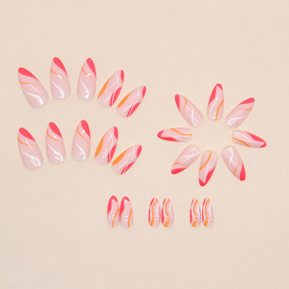 Almond Nails, Irregular Stripes Pink Wave Design