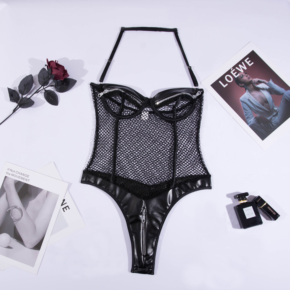 PU Fishnet Zipper Bodysuit