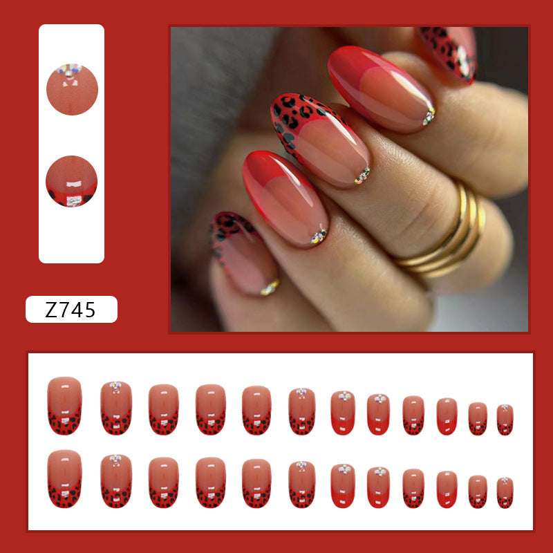 Vibrant Red Round Leopard French Fall Nails with Rhinestones