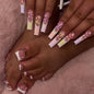 White French Nails with Yellow and Pink Floral Prints