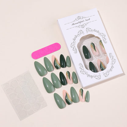 Almond Shape Green Gold False Nails