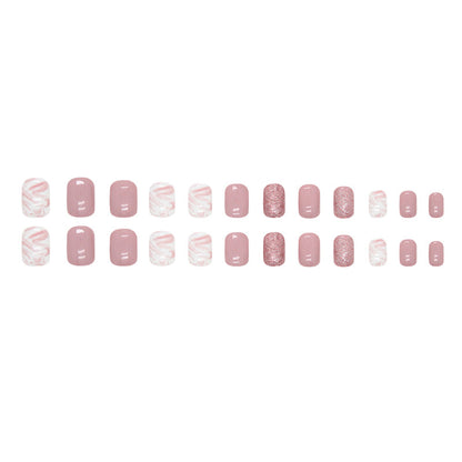 Simple White Pink Tender Girl Nails Sparkling Full Ink Wash Pink White Short Fake Nails-homeunderwear