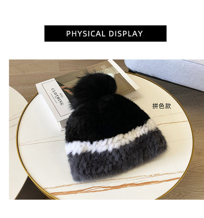 Women's Striped Fur Blend Hat with Real Rabbit Fur Pom Pom