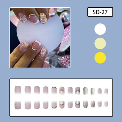 Christmas Short Square Pearl 3D Crystal Nails with Snowflakes and Trees