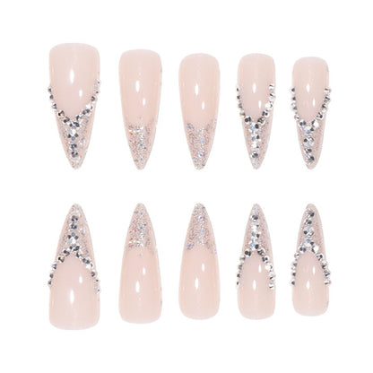 Long French Bridal Nails with Glitter and Rhinestones