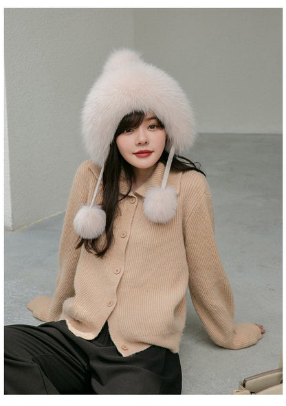 Winter Fox Fur Lined Beanie - Cozy & Cute Earflap Hat