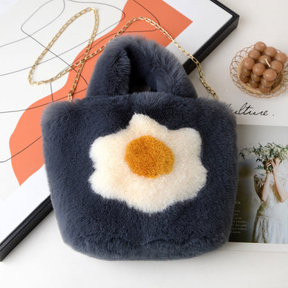 Fashionable Fried Egg Sunflower Plush Tote Bag