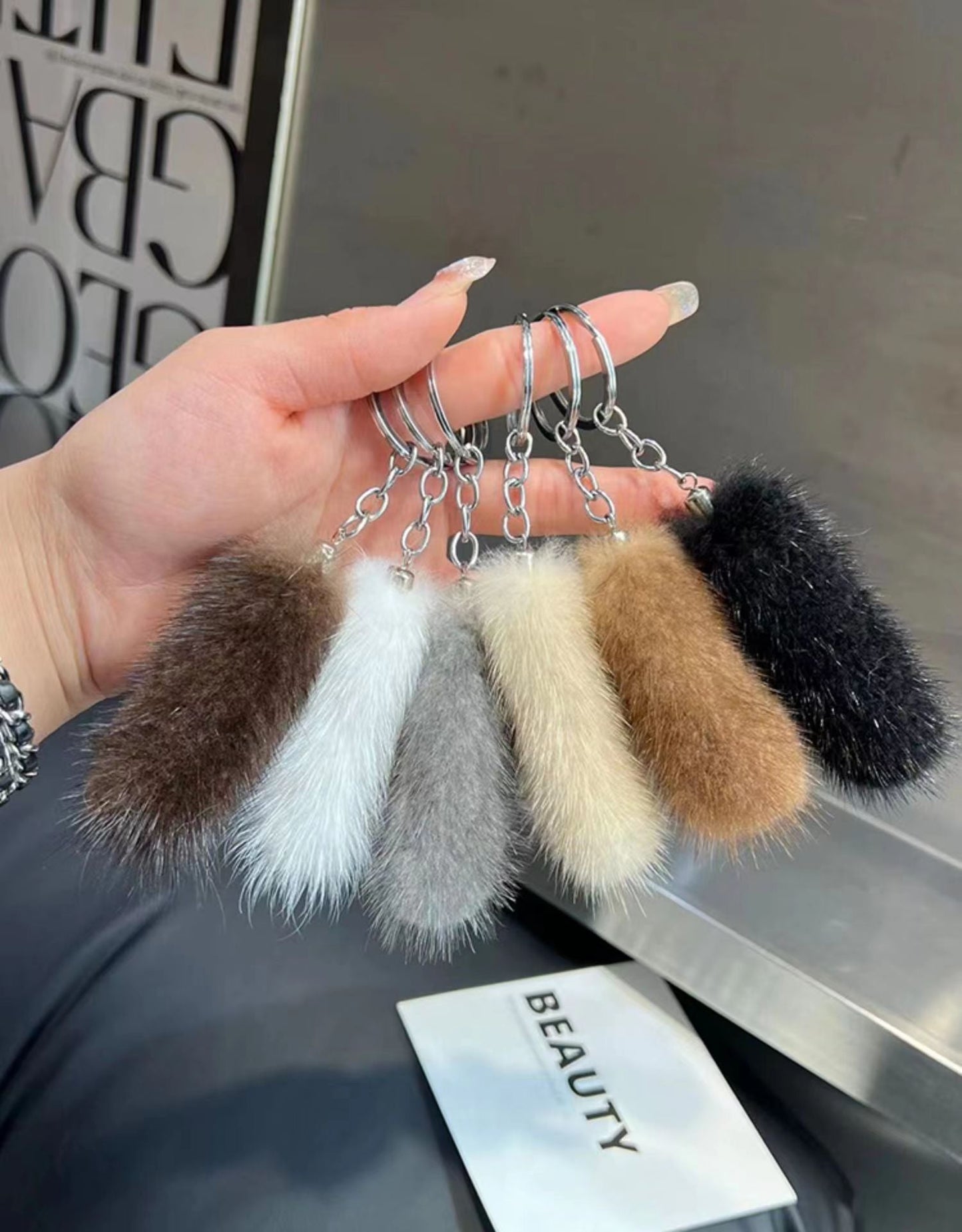 Cute Mini Real Mink Fur Tail Keychain Car Accessory