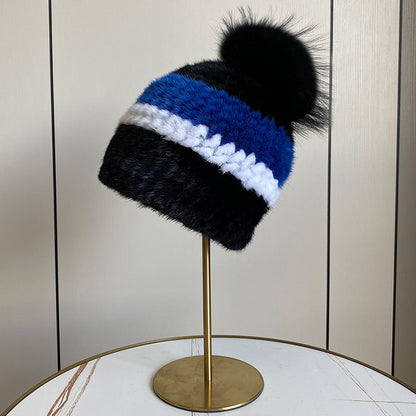 Women's Striped Fur Blend Hat with Real Rabbit Fur Pom Pom