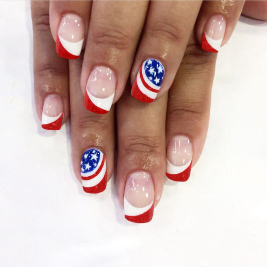 Independence Day Wear Nail Square Red White Blue Stars and Stripes Design Removable Finished Fake Nails-homeunderwear