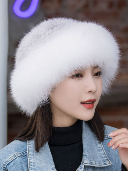 Warm Mink Fur Hat with Fox Pom Pom - Ear Flap Design