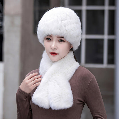 Warm Snow Rabbit Fur Ear Flap Hat & Scarf Set