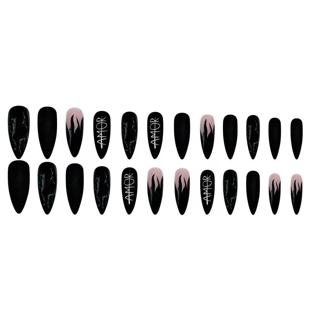 White Letter Black Flame Long Pointed Nail Wraps for Fall Nails