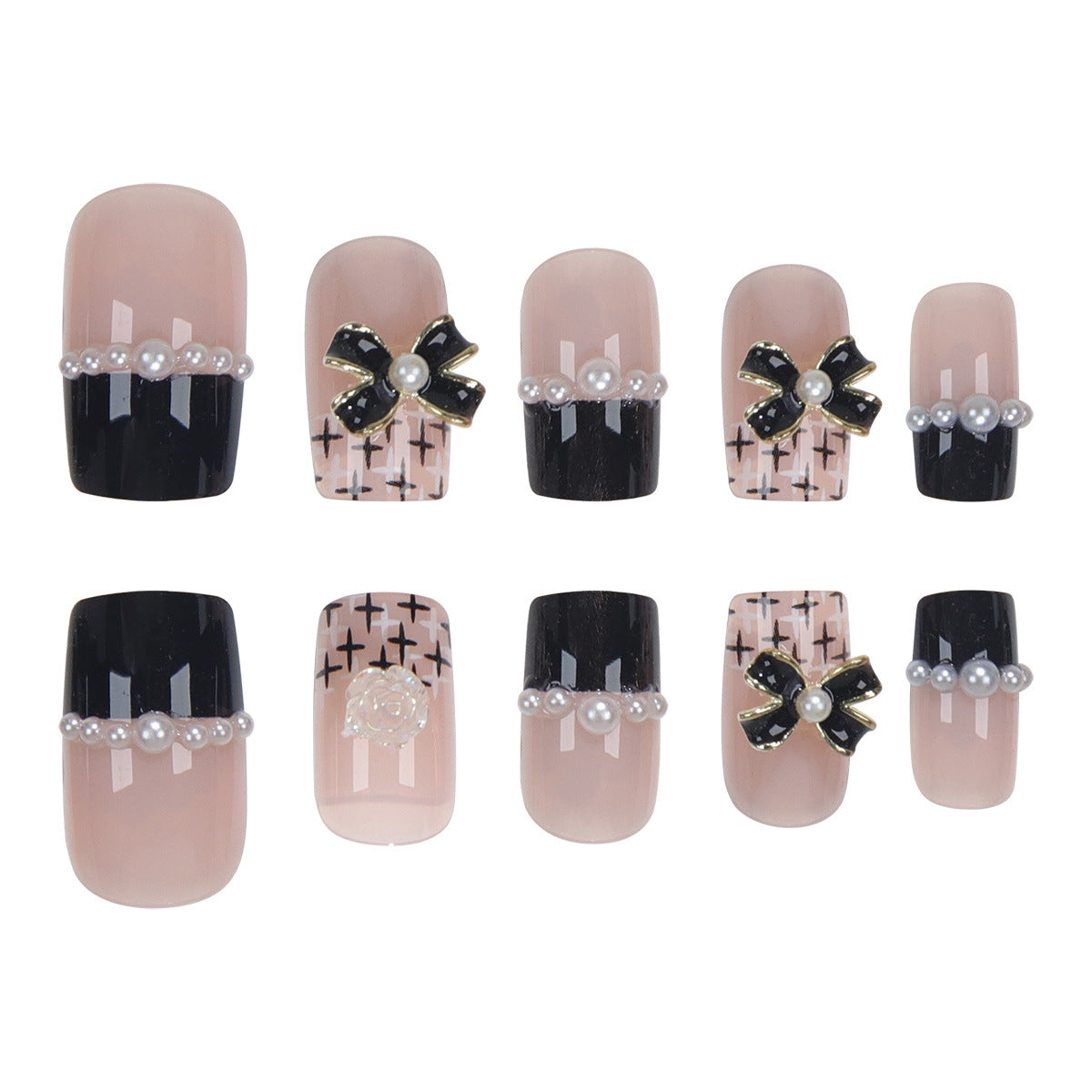 Short Black French Nails with Chiffon Butterfly Design