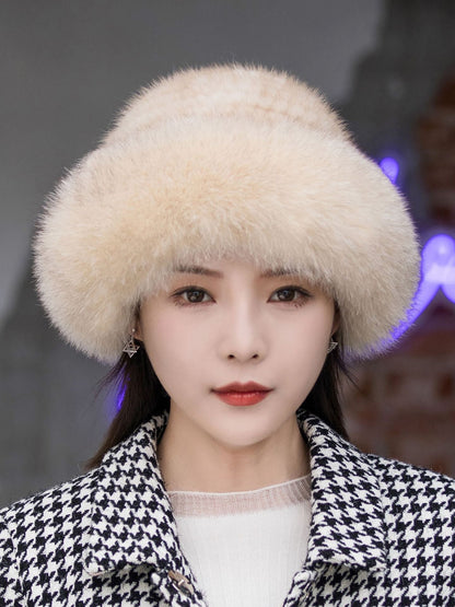 Warm Mink Fur Hat with Fox Pom Pom - Ear Flap Design