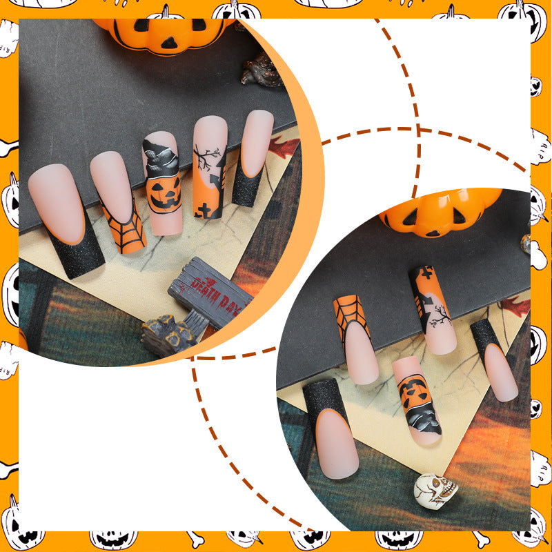 Long Water Pipe Halloween Nails with Pumpkin and Midnight Design