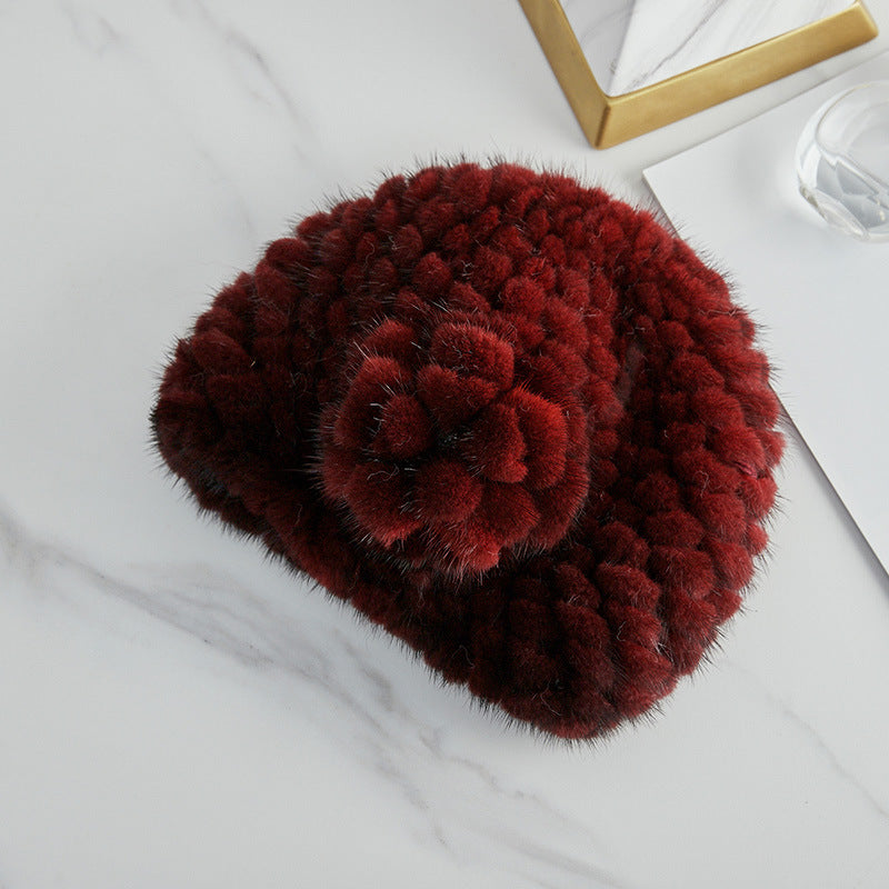 Warm Mink Fur Beret with Faux Flower - Winter Accessory