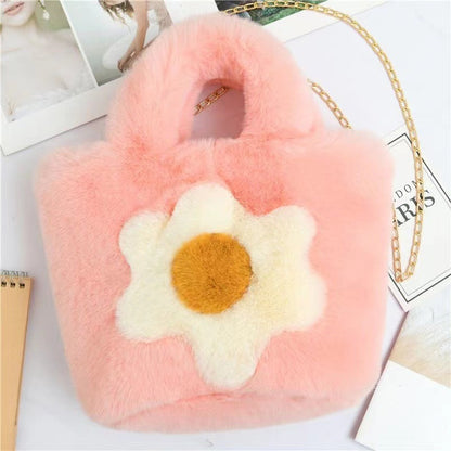 Korean Sunflower Faux Fur Tote - Chain Crossbody Bag