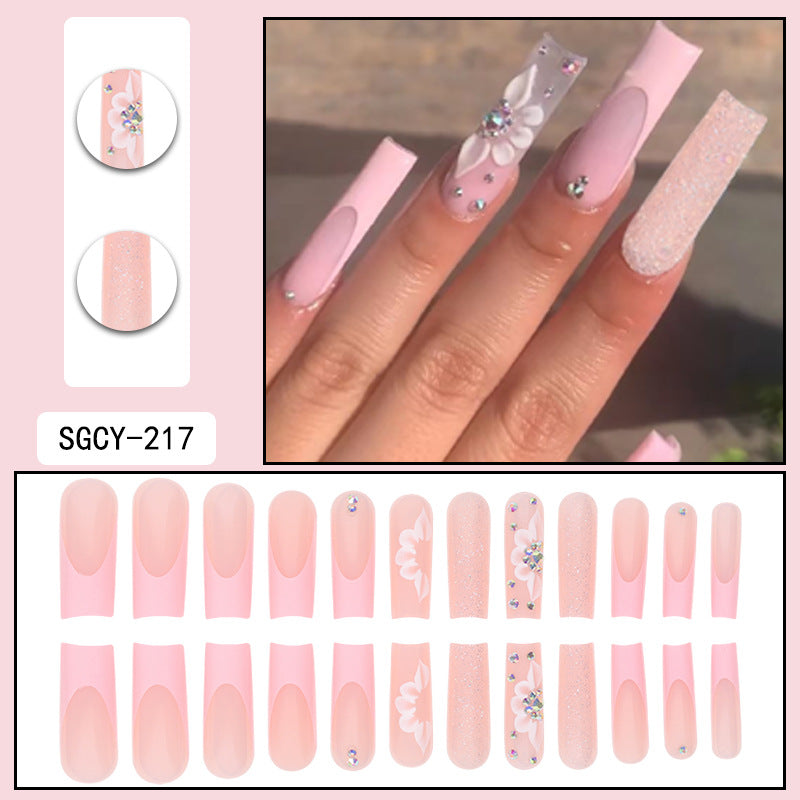 24-Piece Long Glam French Nail Extensions with Glitter and Flowers