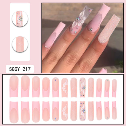 24-Piece Long Glam French Nail Extensions with Glitter and Flowers