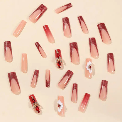 European Style Long Coffin Red Gradient Butterfly Inlaid Diamond Detachable Fake Nails